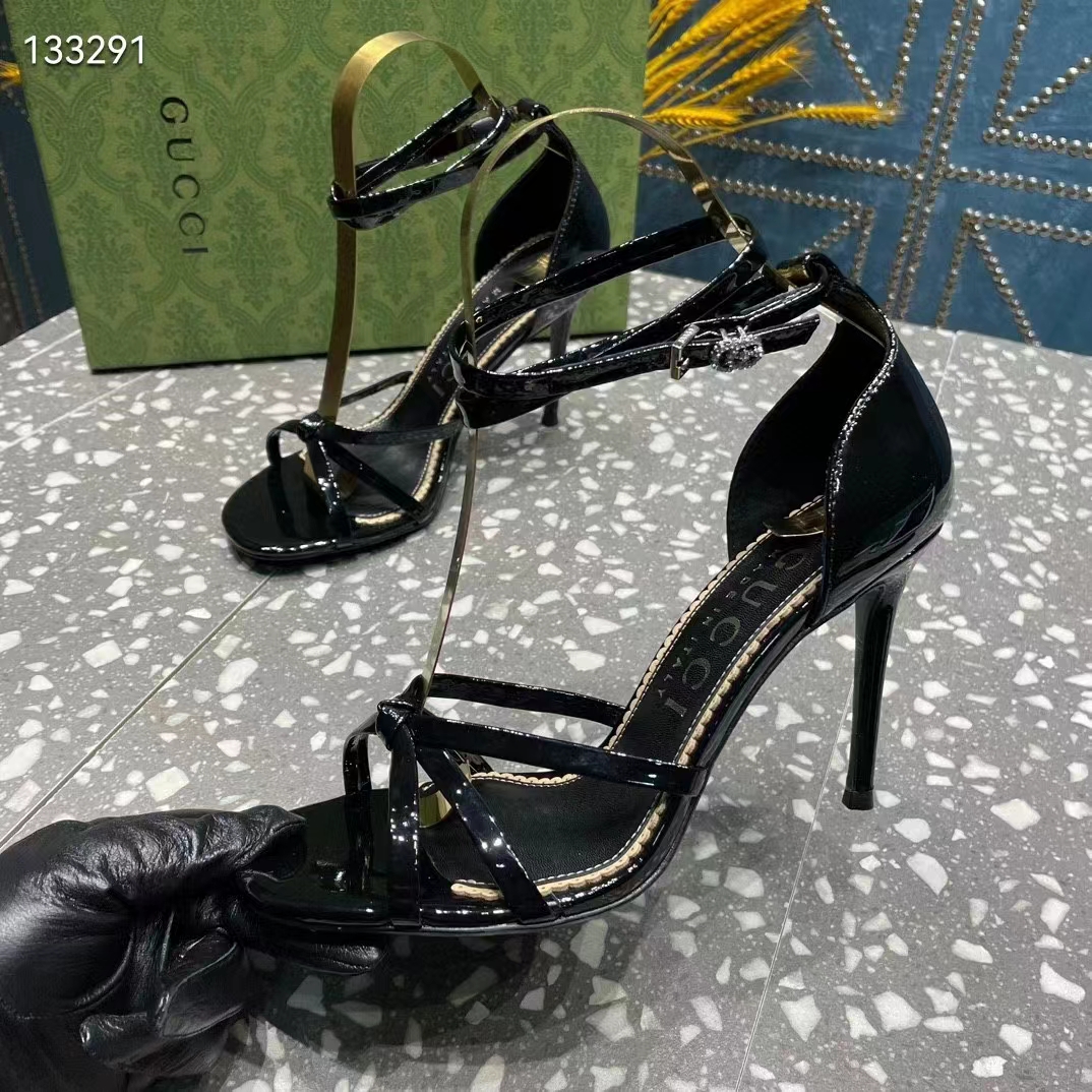 Gucci Women GG Strappy Sandal Double G Black Patent Leather Crystal High 11 CM Heel (3)