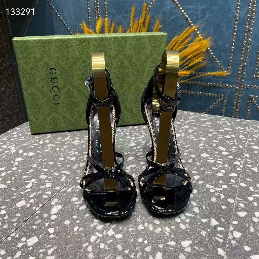Gucci Women GG Strappy Sandal Double G Black Patent Leather Crystal High 11 CM Heel (6)