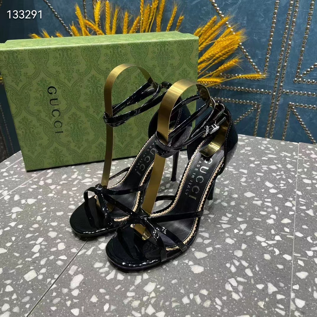 Gucci Women GG Strappy Sandal Double G Black Patent Leather Crystal High 11 CM Heel (8)