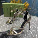 Gucci Women GG Strappy Sandal Double G Metallic Platinum Leather Crystal High 11 CM Heel - Image 9