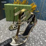 Gucci Women GG Strappy Sandal Double G Metallic Platinum Leather Crystal High 11 CM Heel - Image 8