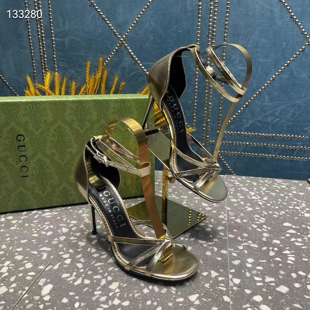 Gucci Women GG Strappy Sandal Double G Metallic Platinum Leather Crystal High 11 CM Heel (4)