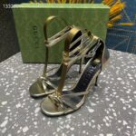 Gucci Women GG Strappy Sandal Double G Metallic Platinum Leather Crystal High 11 CM Heel - Image 7