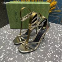 Gucci Women GG Strappy Sandal Double G Metallic Platinum Leather Crystal High 11 CM Heel (9)