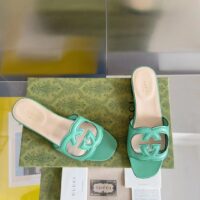 Gucci Women Interlocking G Cut Out Slide Sandal Bright Green Leather Flat (6)
