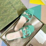 Gucci Women Interlocking G Cut Out Slide Sandal Bright Green Leather Flat – Image 6