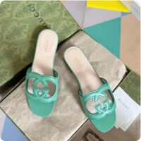 Gucci Women Interlocking G Cut Out Slide Sandal Bright Green Leather Flat (6)