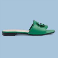 Gucci Women Interlocking G Cut Out Slide Sandal Bright Green Leather Flat (6)