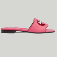 Gucci Women Interlocking G Cut Out Slide Sandal Dark Pink Leather Flat (2)