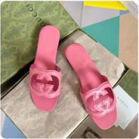 Gucci Women Interlocking G Cut Out Slide Sandal Dark Pink Leather Flat (2)