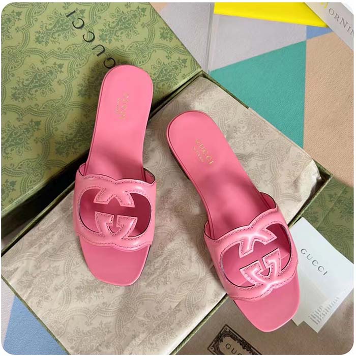 Gucci Women Interlocking G Cut Out Slide Sandal Dark Pink Leather Flat (3)