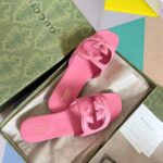 Gucci Women Interlocking G Cut Out Slide Sandal Dark Pink Leather Flat – Bild 7
