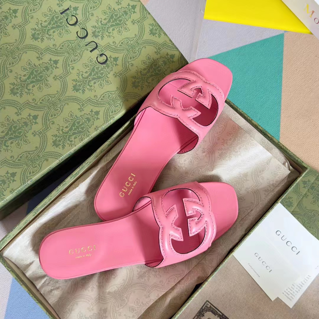Gucci Women Interlocking G Cut Out Slide Sandal Dark Pink Leather Flat (8)