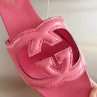 Gucci Women Interlocking G Cut Out Slide Sandal Dark Pink Leather Flat (2)