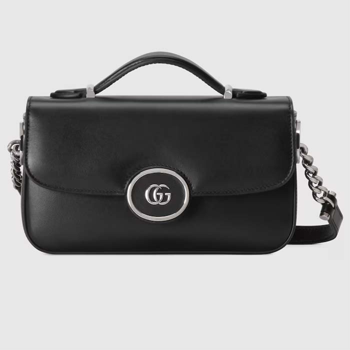 Gucci Women Petite GG Mini Shoulder Bag Black Leather Double G Push Lock Closure
