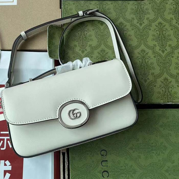 Gucci Women Petite GG Mini Shoulder Bag White Leather Double G Push Lock Closure (7)