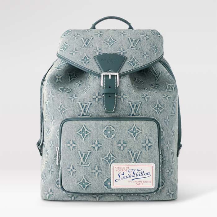 Louis Vuitton LV Unisex Montsouris Backpack Monogram Washed Denim Coated Canvas Cowhide Leather