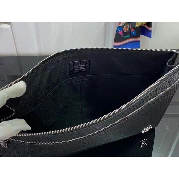 Louis Vuitton LV Unisex Pochette 24H Black Taiga Cowhide Leather Zip Closure (4)
