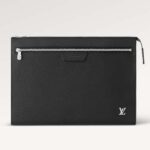 Louis Vuitton LV Unisex Pochette 24H Black Taiga Cowhide Leather Zip Closure