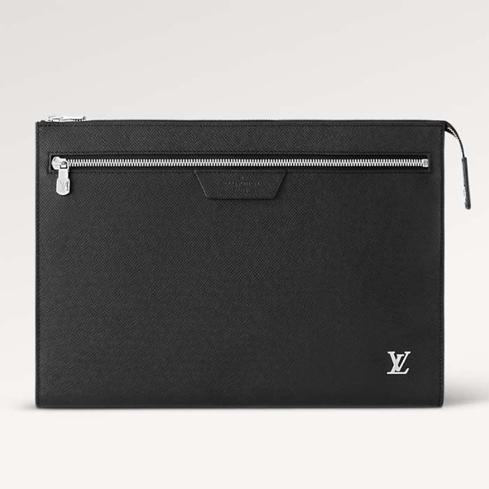 Louis Vuitton LV Unisex Pochette 24H Black Taiga Cowhide Leather Zip Closure