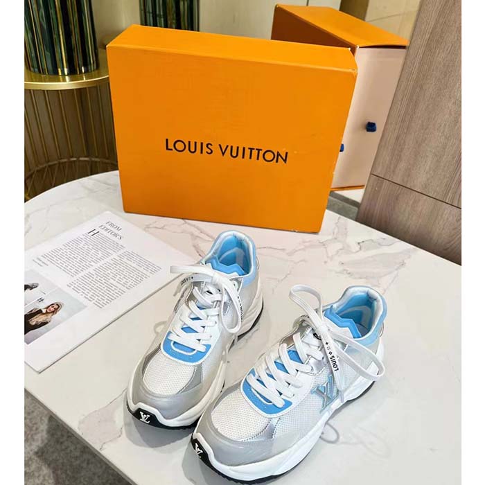 Louis Vuitton LV Unisex Run 55 Sneaker Denim Blue Mix Materials Lifted Rubber Outsole (3)