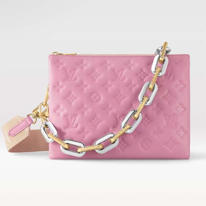 Louis Vuitton LV Women Coussin PM Handbag Rose Bonbon Pink Lambskin Zip Closure