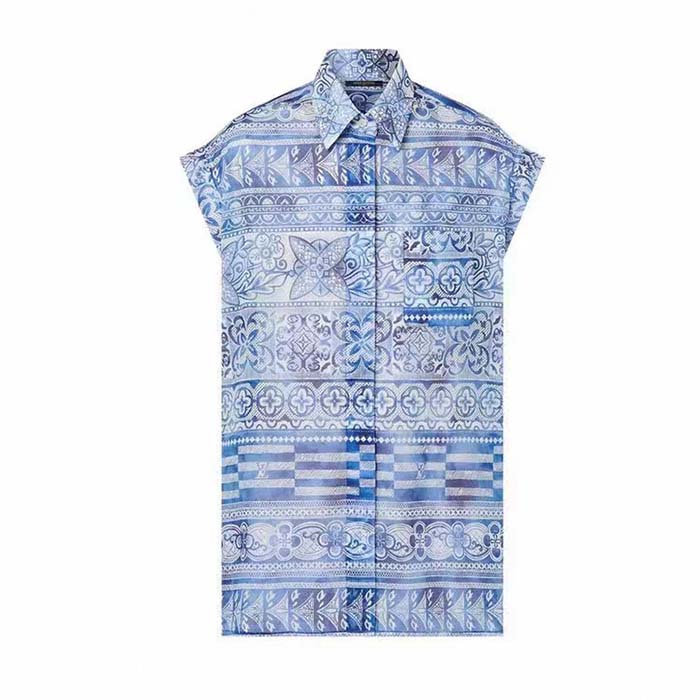 Louis Vuitton LV Women Monogram Tile Short Sleeve Shirt Cotton Blue White Regular Fit