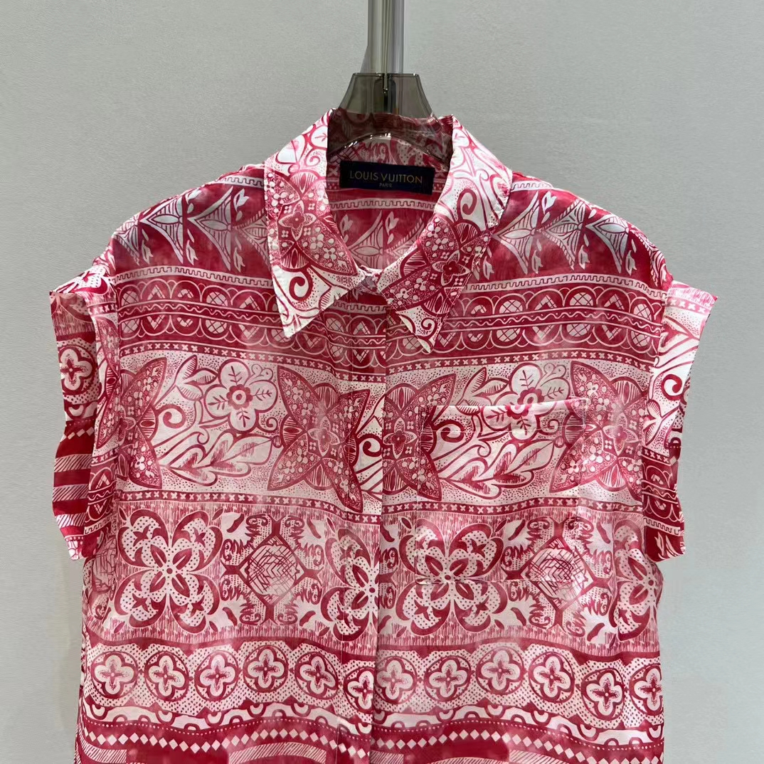 Louis Vuitton LV Women Monogram Tile Short Sleeve Shirt Cotton Red White Regular Fit (11)