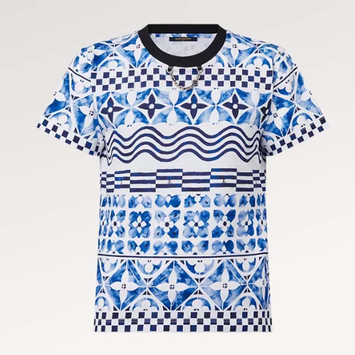Louis Vuitton LV Women Monogram Tile T-Shirt Cotton Blue White Regular Fit