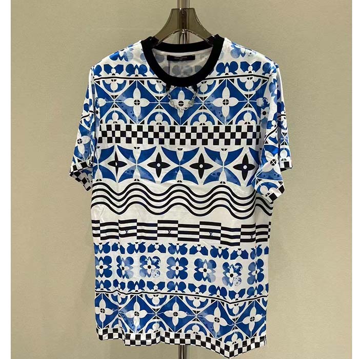 Louis Vuitton LV Women Monogram Tile T-Shirt Cotton Blue White Regular Fit (5)