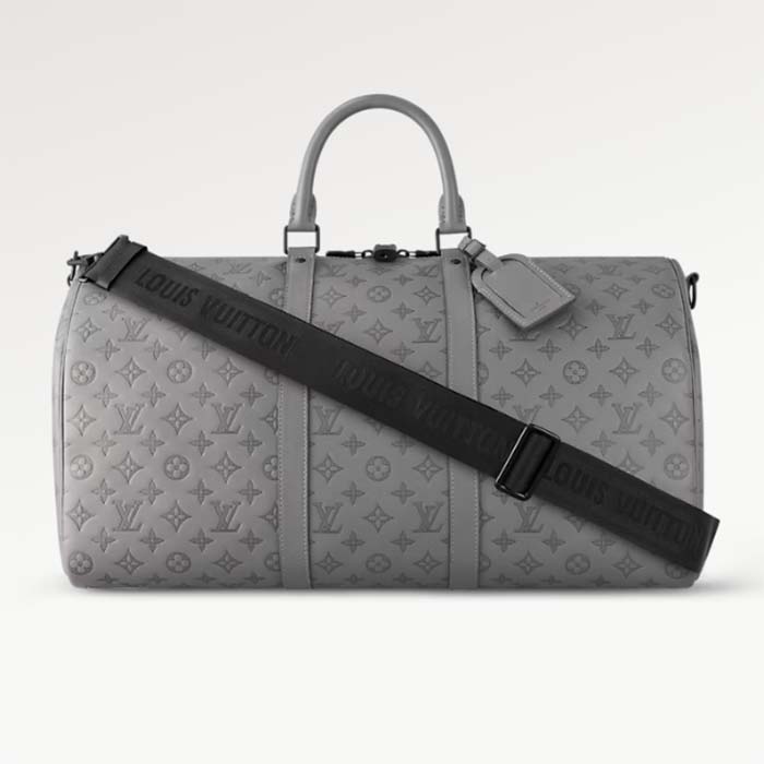 Louis Vuitton Unisex LV Keepall Bandoulière 50 Travel Bag Anthracite Gray Monogram Shadow Calf Leather