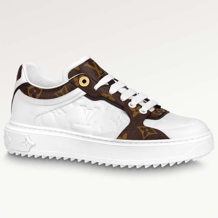 Louis Vuitton Unisex LV Time Out Sneaker White Calf Leather Patent Monogram Canvas