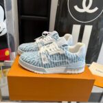 Louis Vuitton Unisex LV Trainer Sneaker Blue Monogram Denim Flowers Rubber LV Initials – Image 3