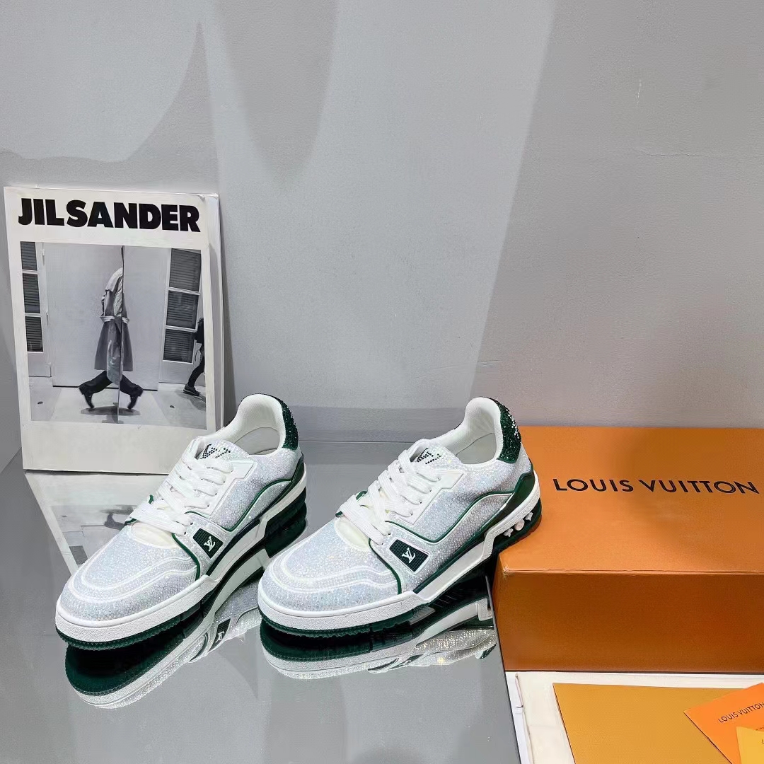 Louis Vuitton Unisex Trainer Sneaker Green Strass Rubber Outsole LV Initials Monogram Flowers