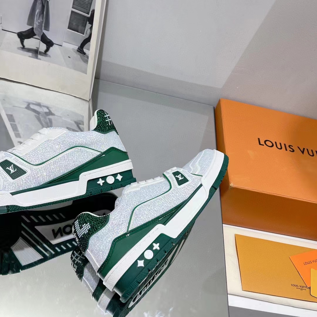 Louis Vuitton Unisex Trainer Sneaker Green Strass Rubber Outsole LV Initials Monogram Flowers