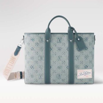Louis Vuitton Unisex Weekend Tote MM Monogram Washed Denim Coated Canvas Cowhide Leather