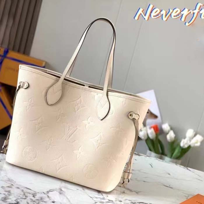 Louis Vuitton Women LV Neverfull MM Carryall Tote Crème Beige Embossed Grained Cowhide (2)