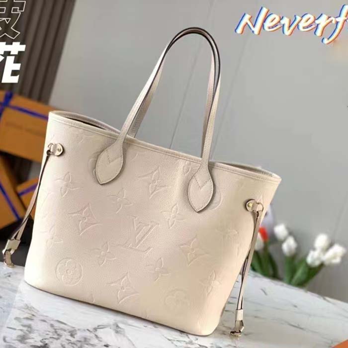 Louis Vuitton Women LV Neverfull MM Carryall Tote Crème Beige Embossed Grained Cowhide (4)
