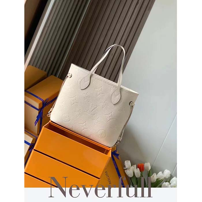 Louis Vuitton Women LV Neverfull MM Carryall Tote Crème Beige Embossed Grained Cowhide (8)