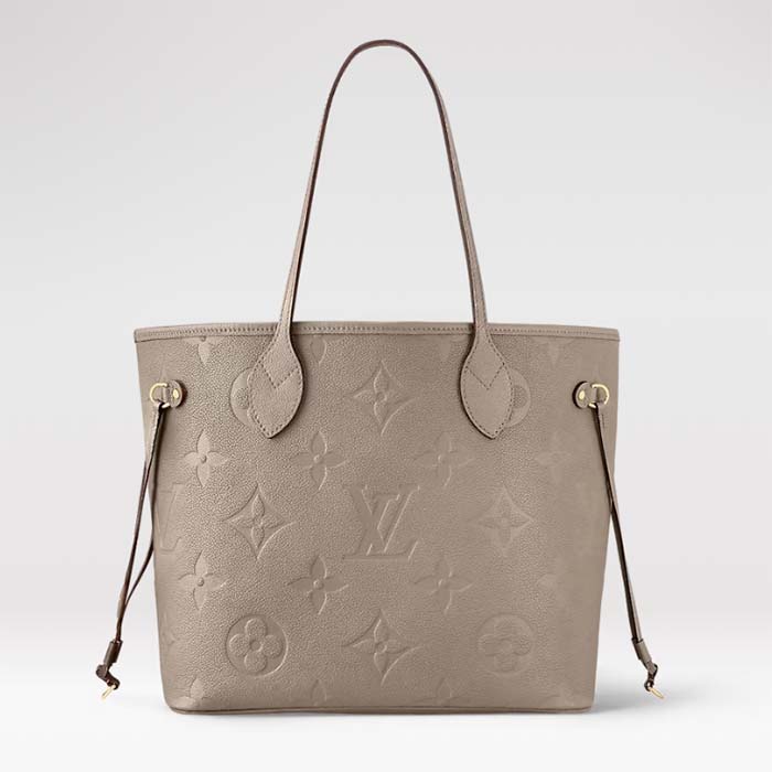 Louis Vuitton Women LV Neverfull MM Carryall Tote Tourterelle Gray Embossed Grained Cowhide