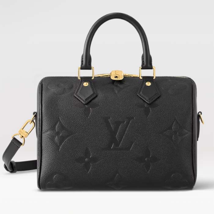 Louis Vuitton Women Speedy Bandoulière 25 Handbag Black Embossed Supple Grained Cowhide Leather