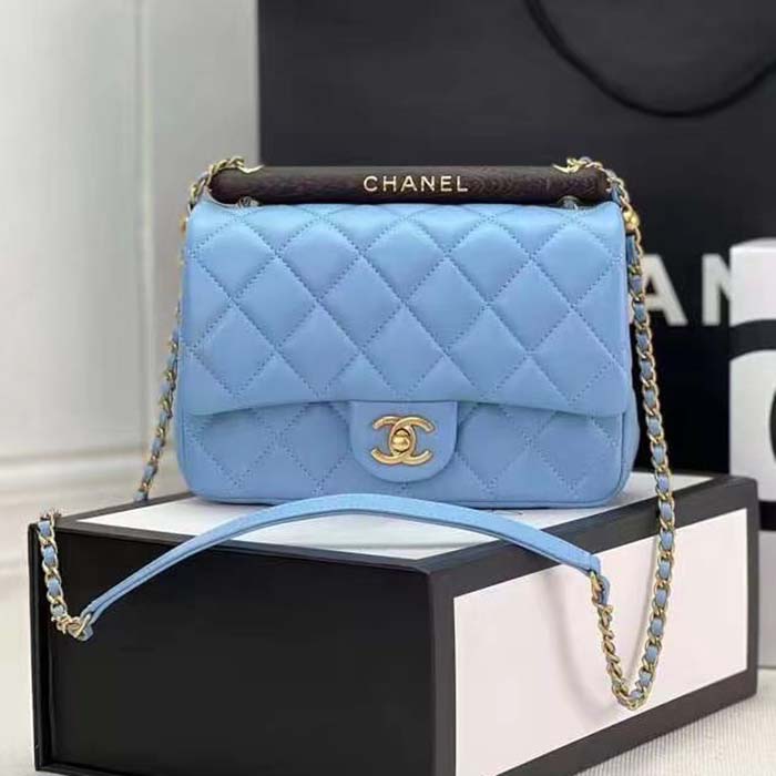 Chanel CC Women Bag Wooden Handle Calfskin Gold-Tone Metal-Blue