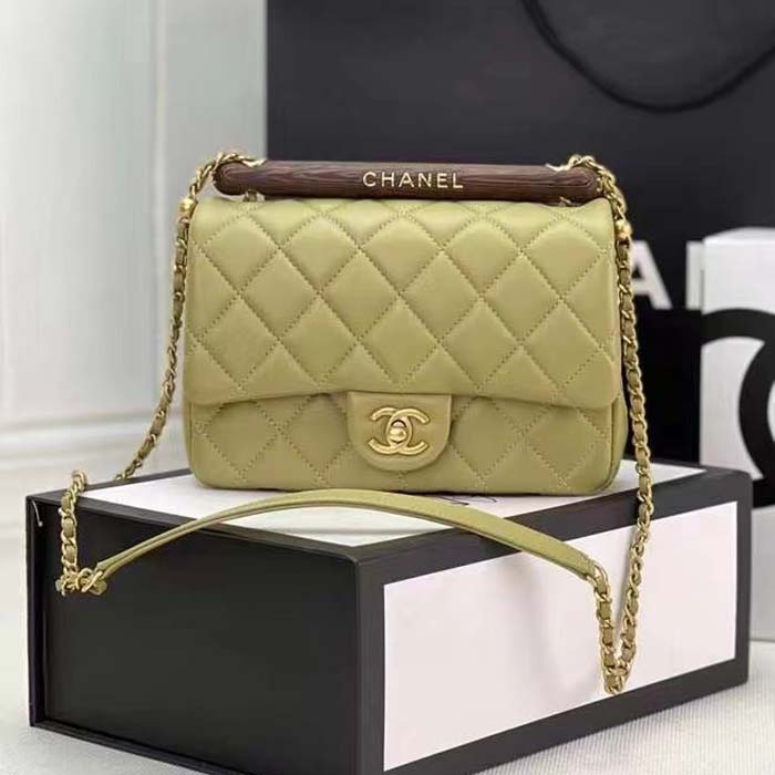 Chanel CC Women Bag Wooden Handle Calfskin Gold-Tone Metal-Lime
