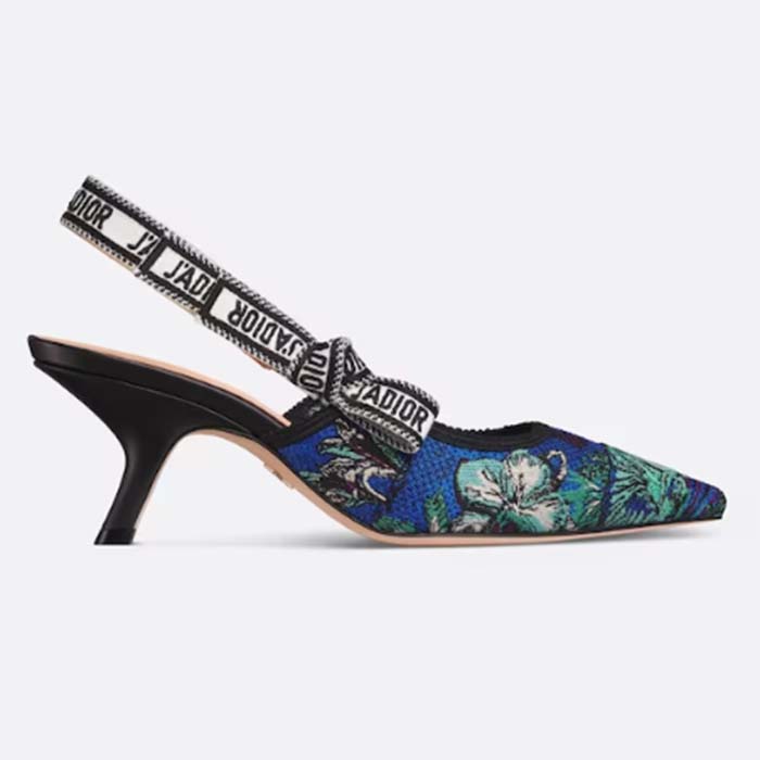 Dior CD Women J'Adior Slingback Pump Cobalt Blue Multicolor Embroidered Cotton Toile De Jouy Voyage