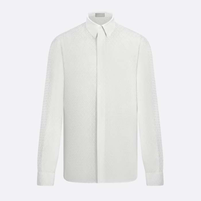Dior Men CD Diamond Shirt White Silk-Blend Jacquard All-Over Shirttail Hem Viscose Silk
