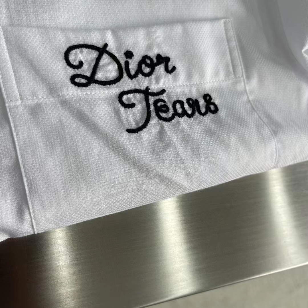 Dior Men CD Diamond Tears Short-Sleeved Shirt White Cotton Piqué Cotton Straight Hem Side Vents (10)