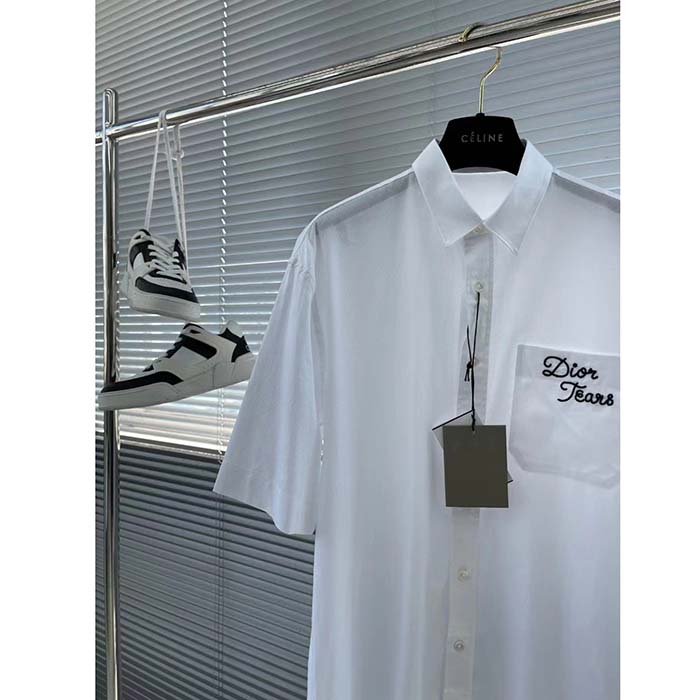 Dior Men CD Diamond Tears Short-Sleeved Shirt White Cotton Piqué Cotton Straight Hem Side Vents (3)