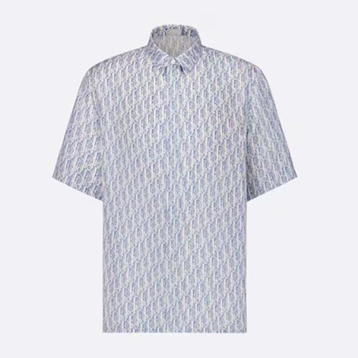 Dior Men CD Dior Oblique Short-Sleeved Shirt Blue Striped Silk Twill