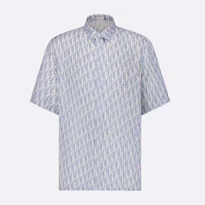 Dior Men CD Dior Oblique Short-Sleeved Shirt Blue Striped Silk Twill