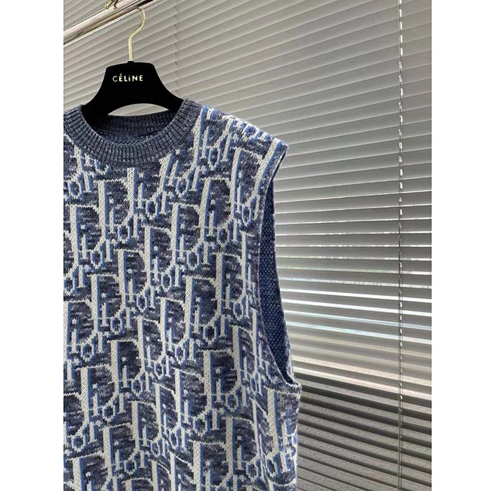 Dior Men CD Dior Oblique Sleeveless Sweater Blue Wool Jacquard Ribbed Round Neck Hem (10)